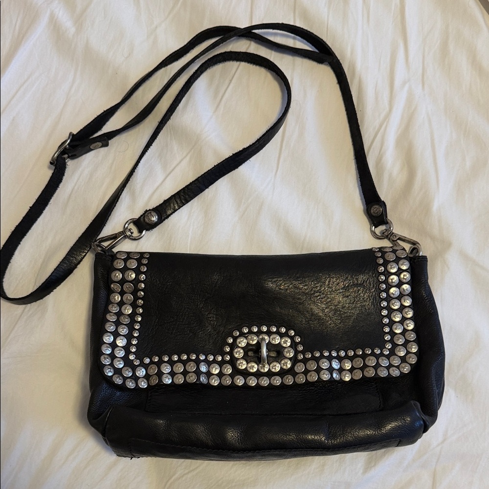 Campomaggi Black Leather Crossbody Bag with Silver Studs and Turnlock